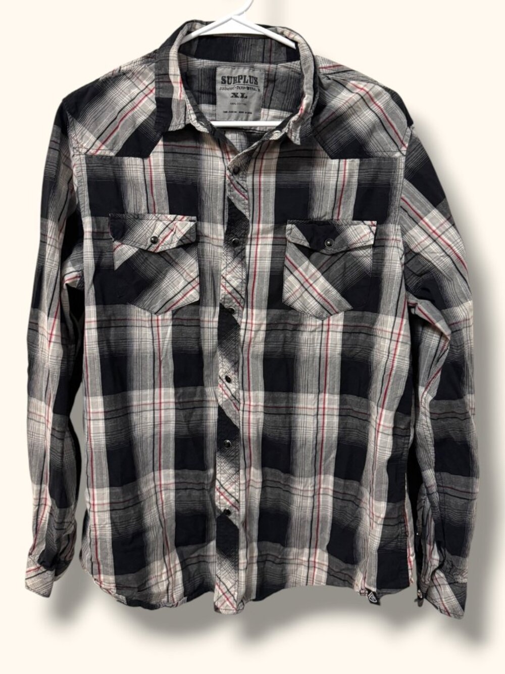 Surplus Button Up Shirt Mens XL Black Gray Plaid Pearl Snap  Western Casual